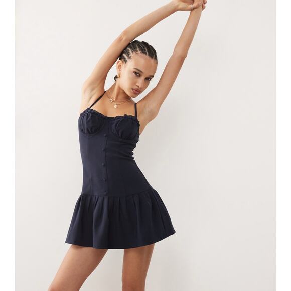 Edikted Cupped Drop Waist Mini Dress Navy Blue Corset Style Skirt Preppy XS NWT - Picture 1 of 10